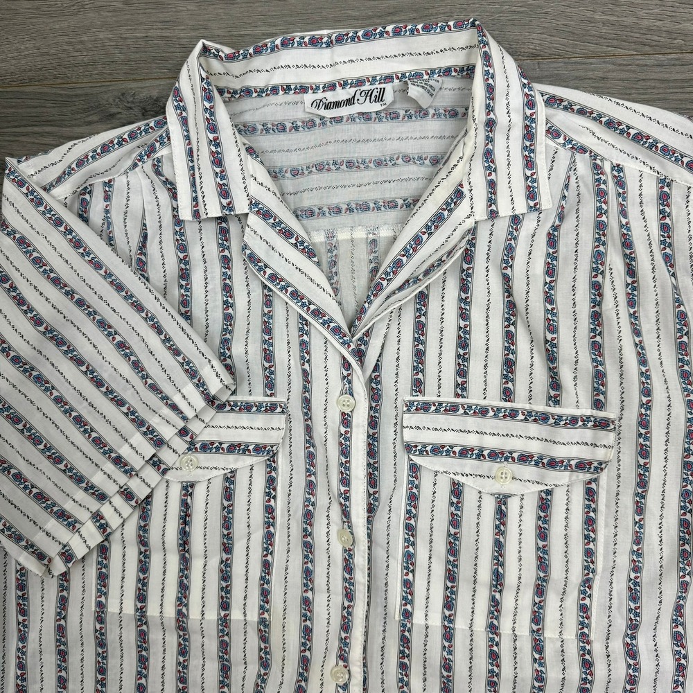 VTG 80s Diamond Hill Top Women 40/20W White Blue Pink Floral Stripe Button Down‎
